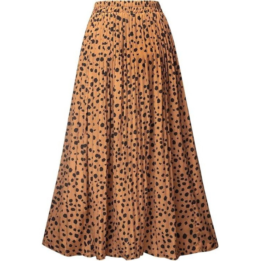 Pleated Midi Skirt Elastic Waist‎ Animal Print Yellow Black Career Casual